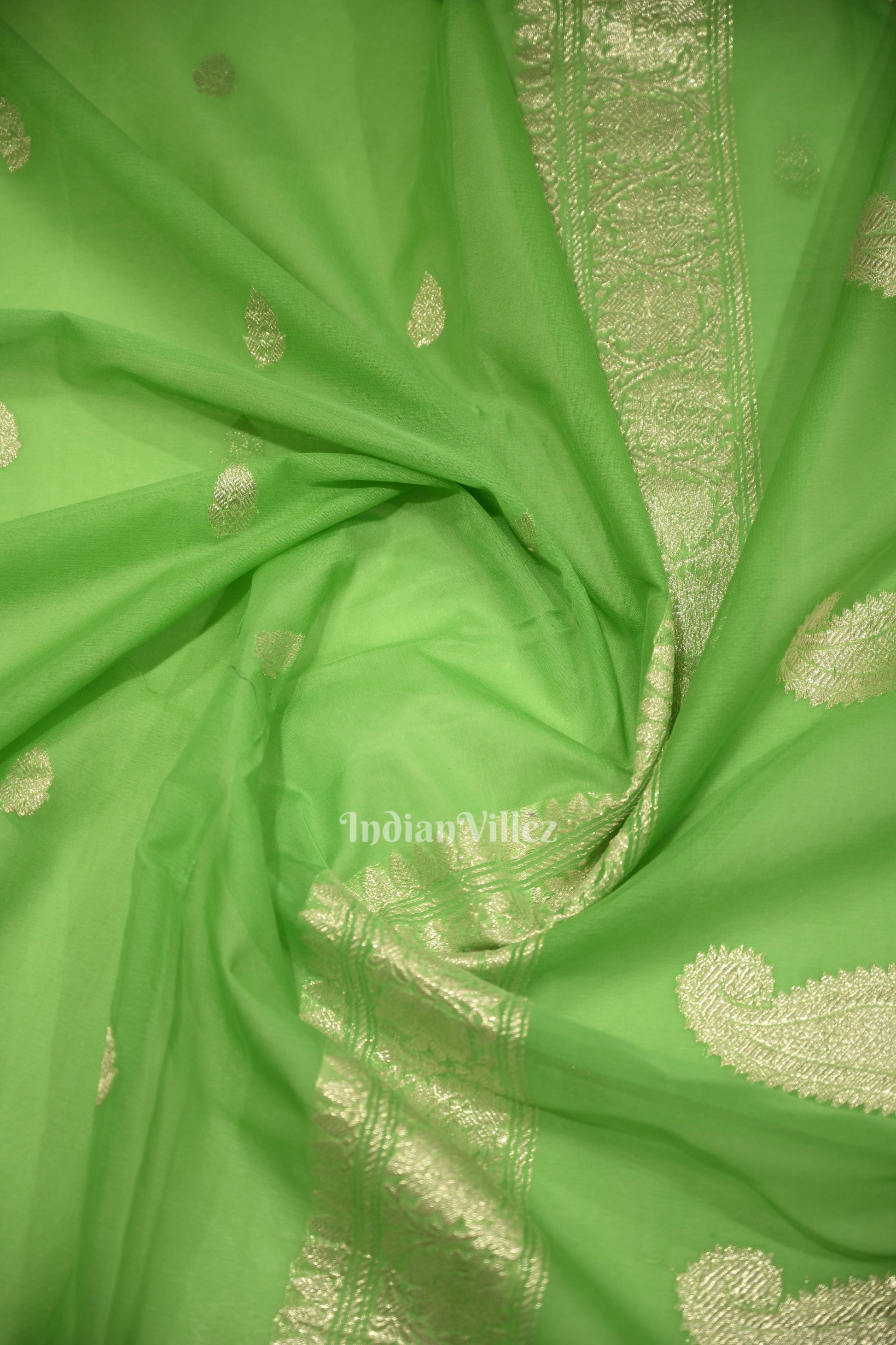 Parrot Green Pure Khaddi Chiffon Banarasi Saree
