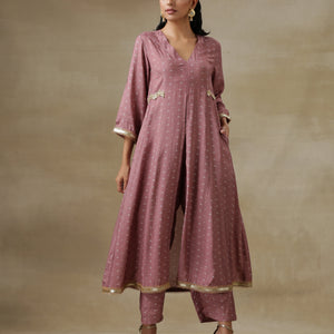 Dark Mauve Bandhani Printed Silk Front Slit Kurta Pant Set | Relove