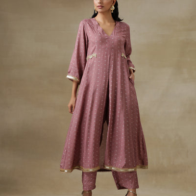Dark Mauve Bandhani Printed Silk Front Slit Kurta Pant Set | Relove
