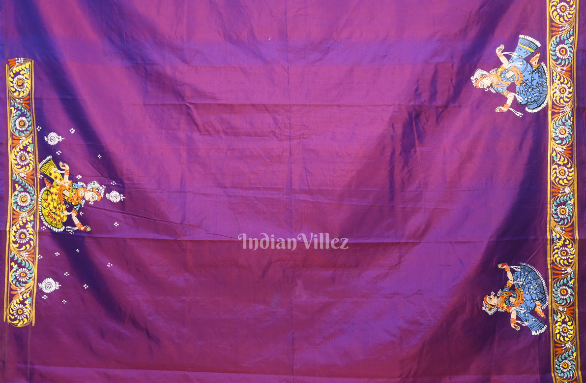 Purple Dual Tone Ardha Chandra  Krishna Rasa Leela Hand-Painted Pattachitra Saree