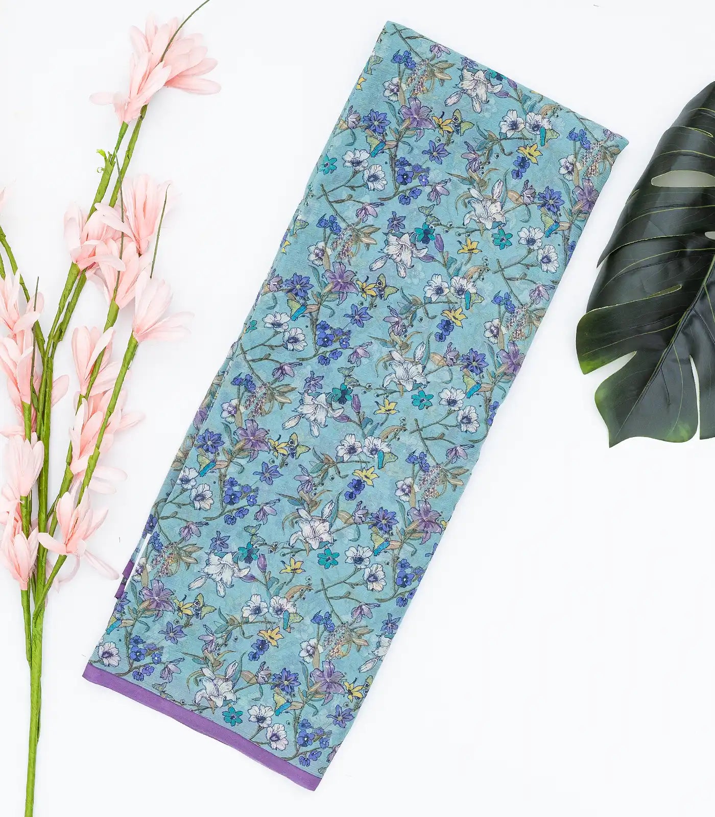 Light Blue Woven Digital Printed Chiffon Silk Saree With Floral Motifs