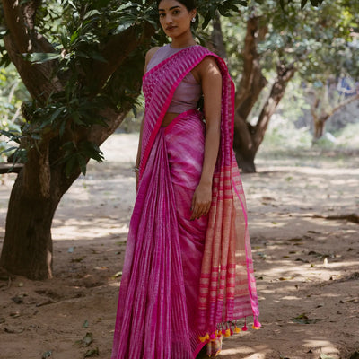Pink Handloom Linen Saree With Stripes
