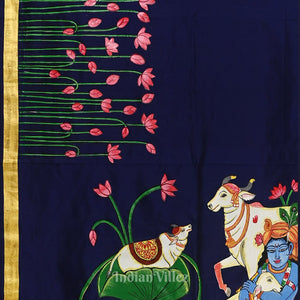Navy Blue Hand-Painted Pichwai Pattachitra Saree