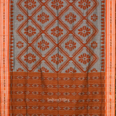 Grey Orange Bada Phula Odisha Ikat Maniabandha Cotton Saree