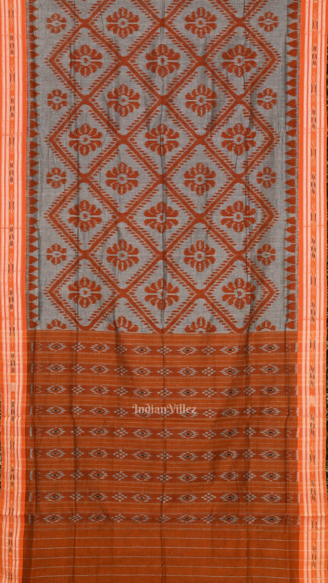 Grey Orange Bada Phula Odisha Ikat Maniabandha Cotton Saree