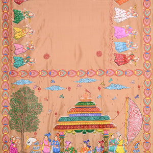 Golden  Red Boita Theme Hand-Painted Pattachitra Saree