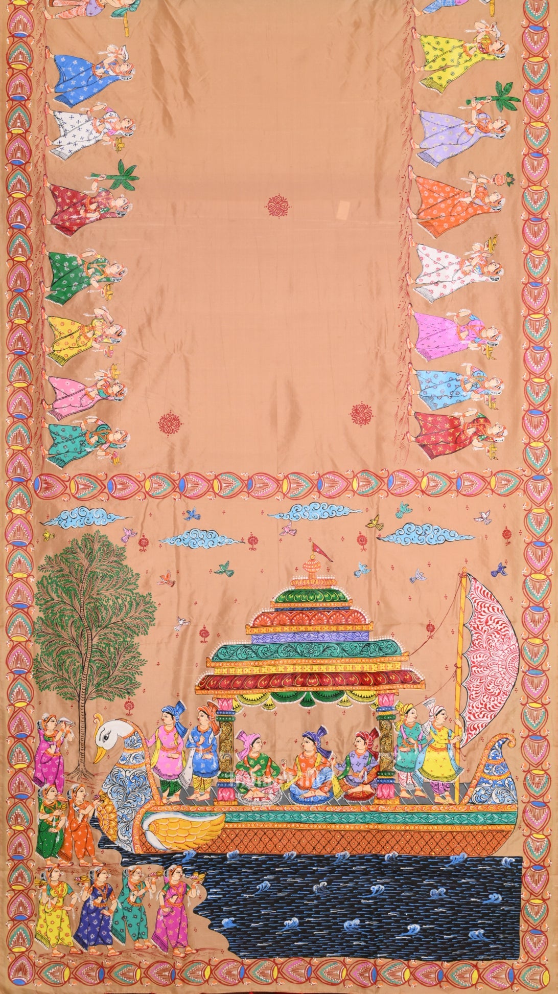 Golden  Red Boita Theme Hand-Painted Pattachitra Saree