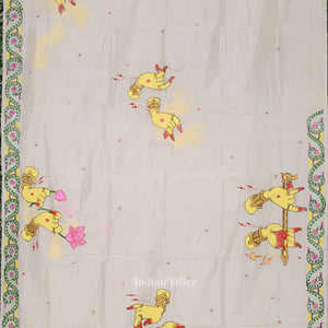 White Arjuna Bows to Navagunjara Hand-Painted Pattachitra Saree