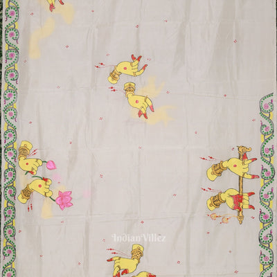 White Arjuna Bows to Navagunjara Hand-Painted Pattachitra Saree