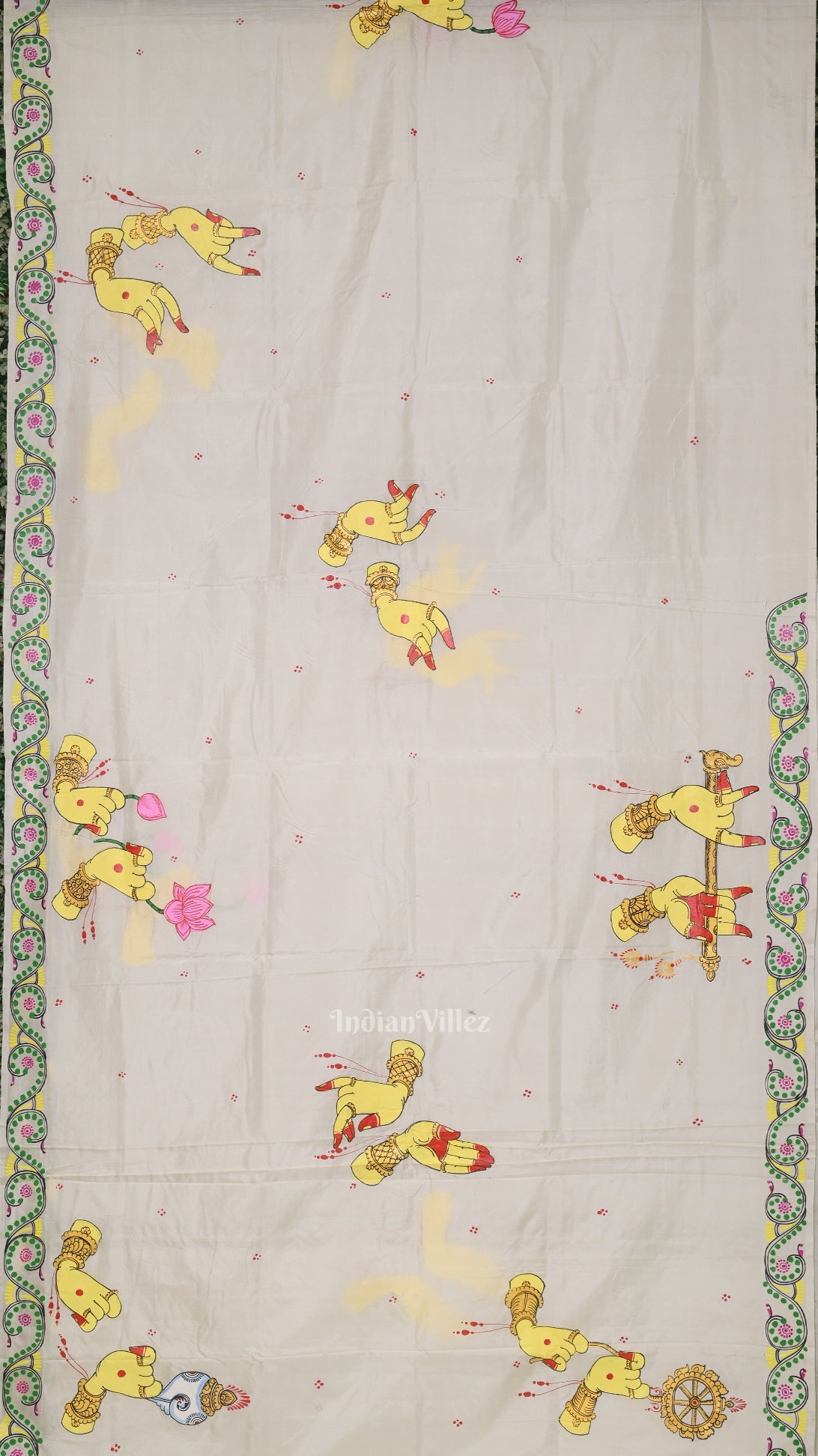 White Arjuna Bows to Navagunjara Hand-Painted Pattachitra Saree