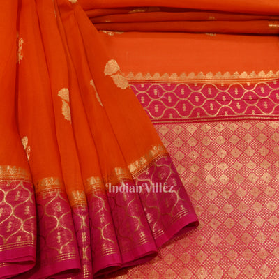 Orange with Rani Pink Kora Organza Banarasi  Saree