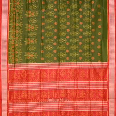 Mehendi Green Red Floral Motif Odisha Handloom Sambalpuri Silk Saree