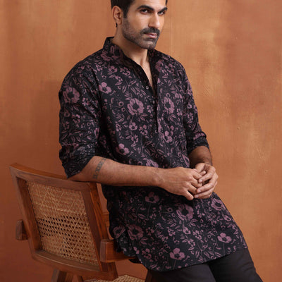 trueBrowns Men's Black Floral Printed Short Kurta