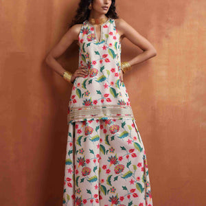 trueBrowns Off White Print Sharara Set