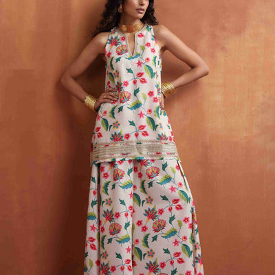 trueBrowns Off White Print Sharara Set