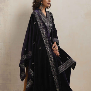 trueBrowns Purple Velvet Embroidered Kurta Pant Dupatta Set