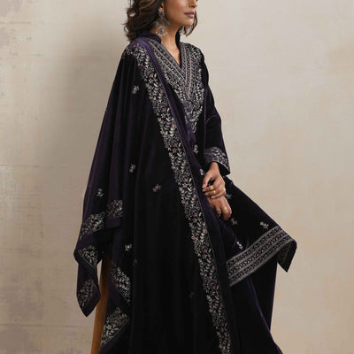 trueBrowns Purple Velvet Embroidered Kurta Pant Dupatta Set