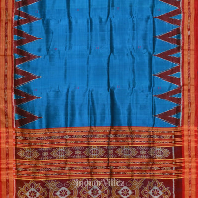 Sky Blue Red Butta Theme Odisha Handloom Khandua Silk Saree