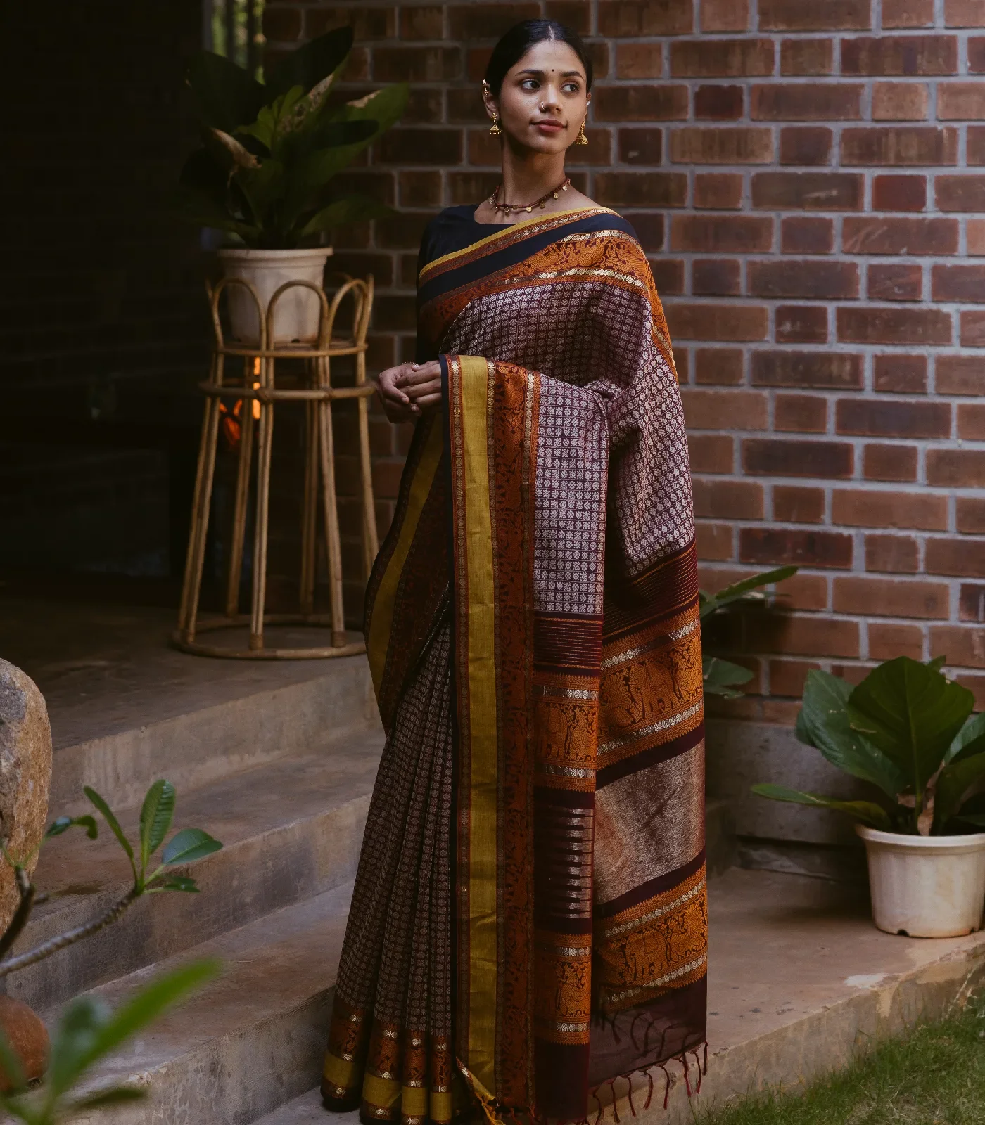 Brown Handloom Silk Cotton Saree With Annam Chakaram Motifs