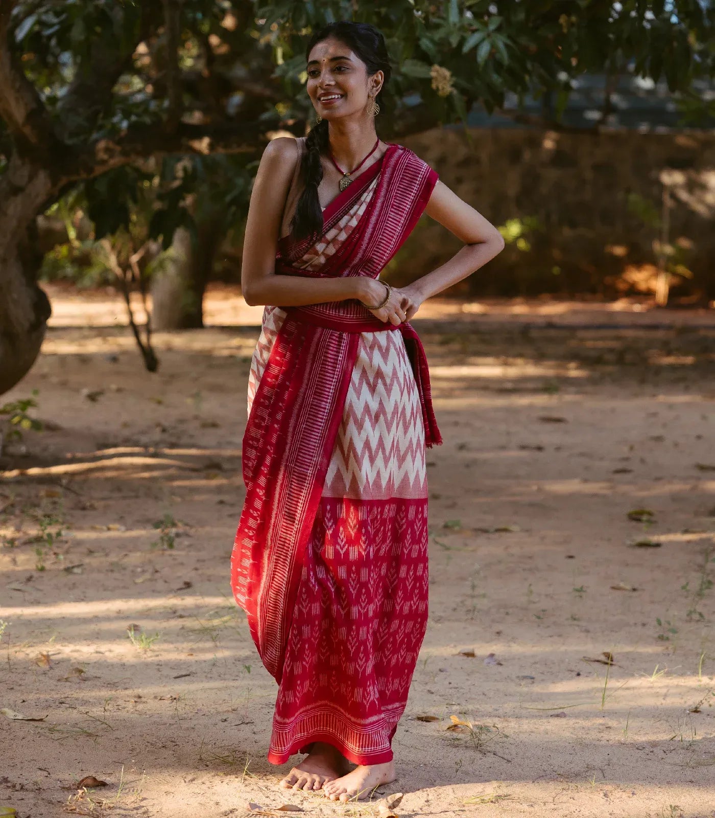 Crimson & Cream Handloom Orissa Cotton Saree With Tie and dye Chevron ( Vanki ) Motifs