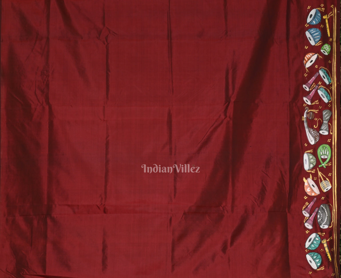 Maroon Sitar Instrument Pattachitra Silk Saree