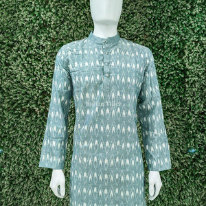 Light Green Pasapali Sambalpuri Ikat Cotton Long Kurta For Men
