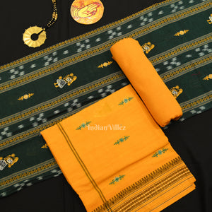 Green Yellow Doll Odisha Ikat Sambalpuri Cotton Dress set with Dupatta
