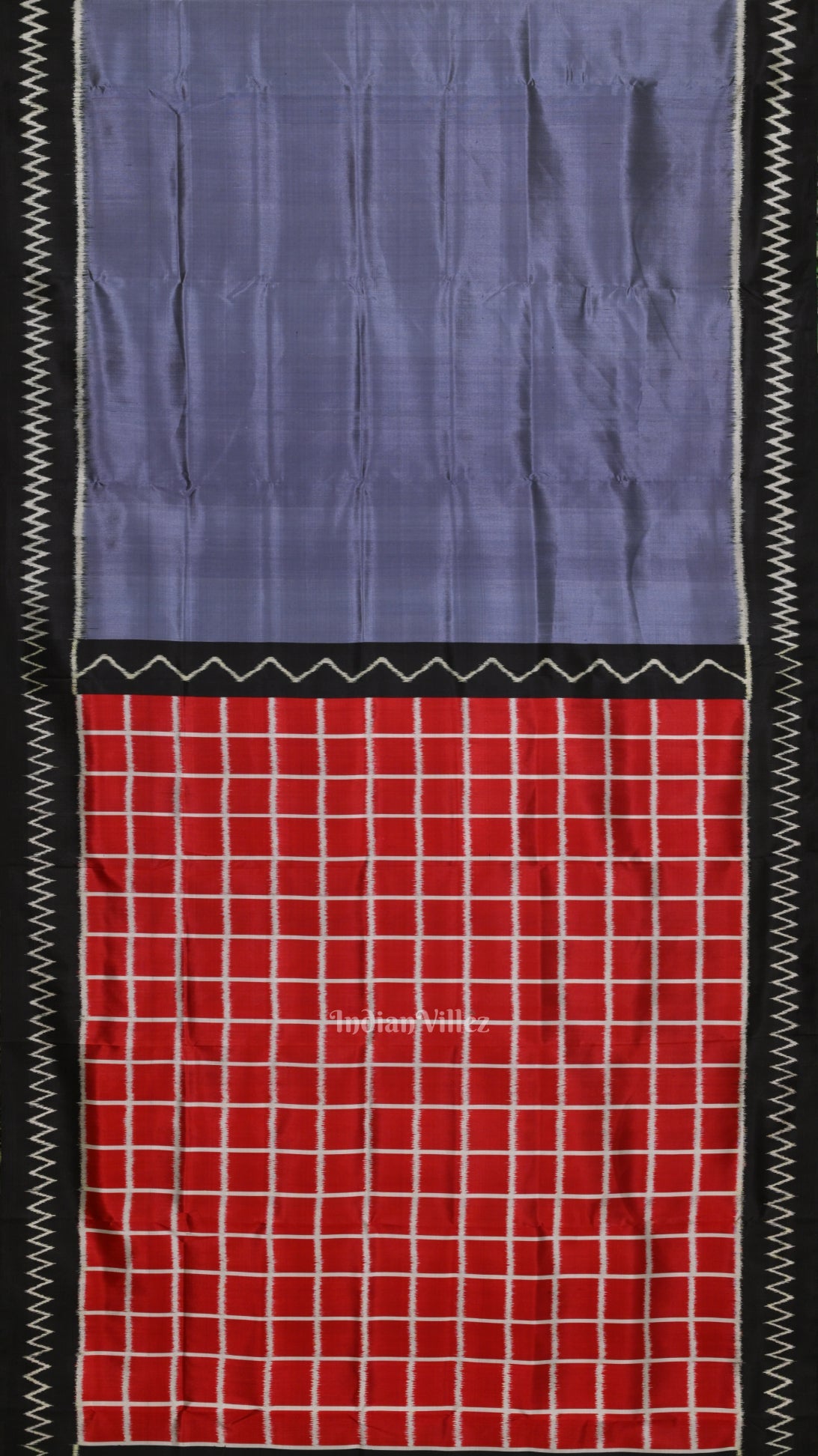 Ash Gray Contemporary Silk Saree with Red Checks Pallu