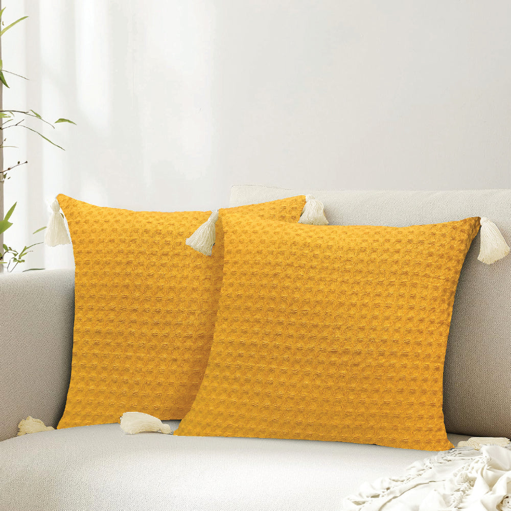 Waffle Cotton Cushion Cover, for Sofa, Bedroom, Living Room - Set of 2 - Waffle Mustard