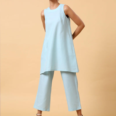 Cotton Linen Light Blue Sleeveless Co-Ord Set | Relove
