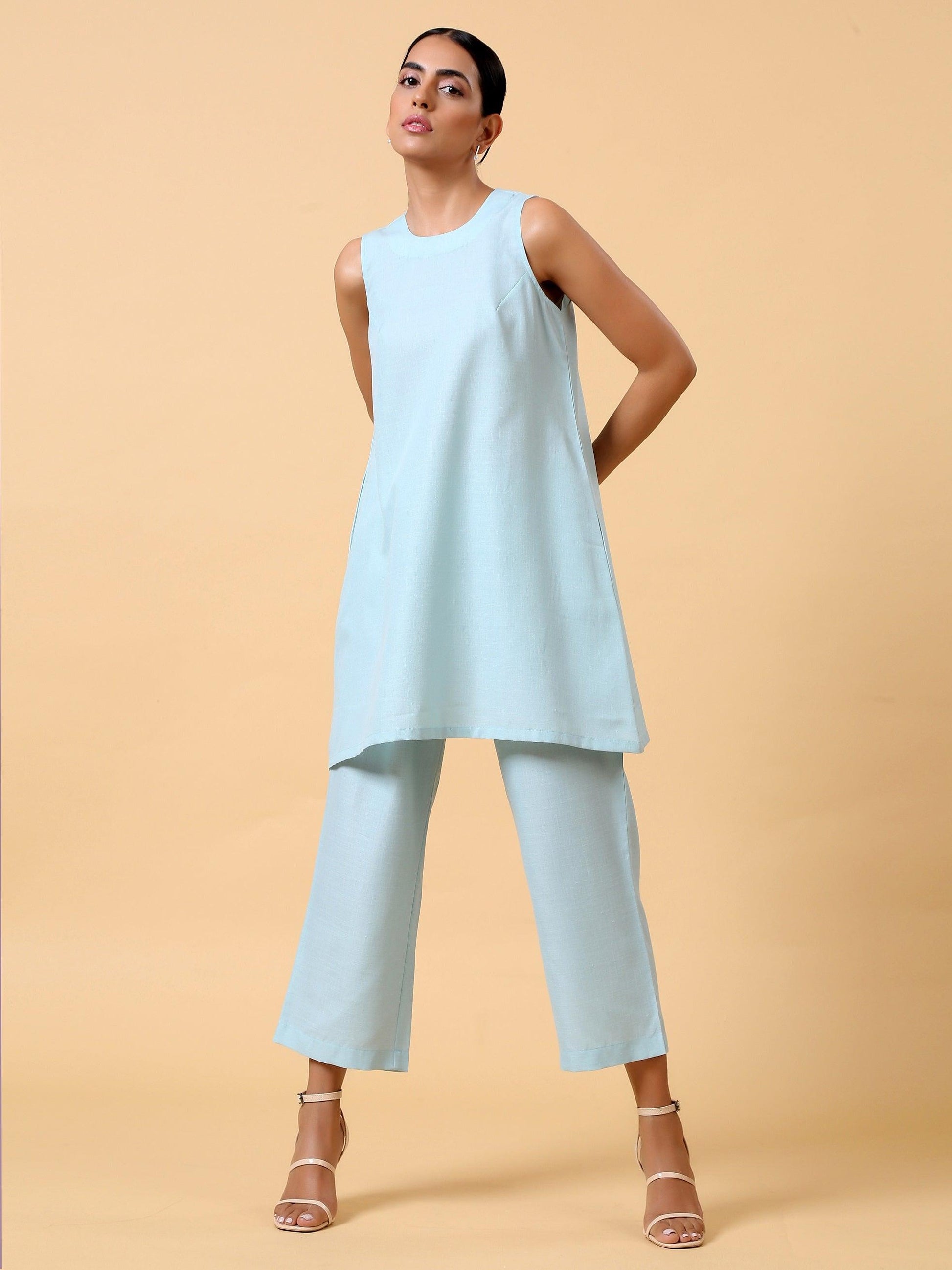 Cotton Linen Light Blue Sleeveless Co-Ord Set | Relove