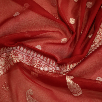 Maroon Red Pure Khaddi Chiffon Banarasi Saree