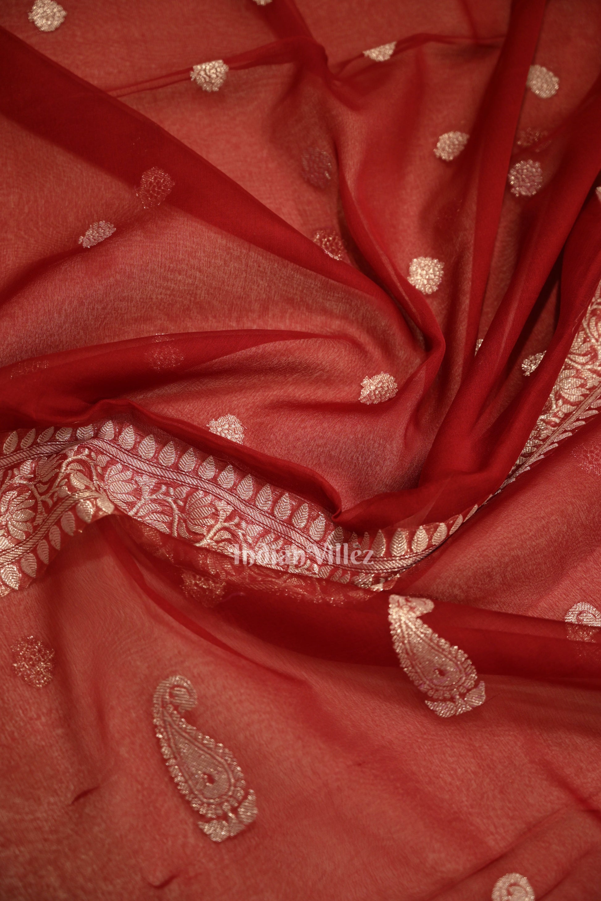 Maroon Red Pure Khaddi Chiffon Banarasi Saree