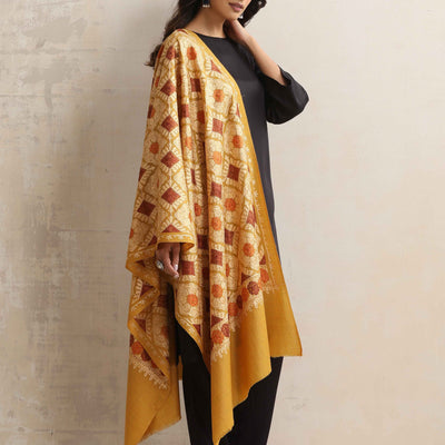 trueBrowns Mustard Embroidered  Woollen Stole