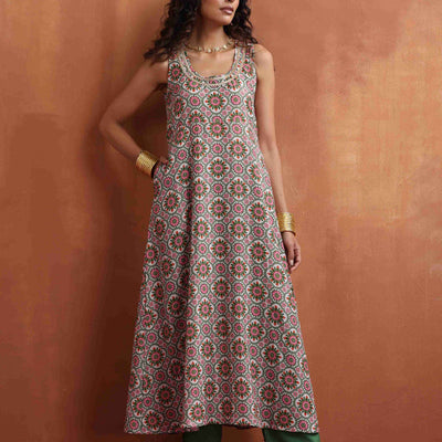 trueBrowns Off White Print Flared Anarkali Kurta Set