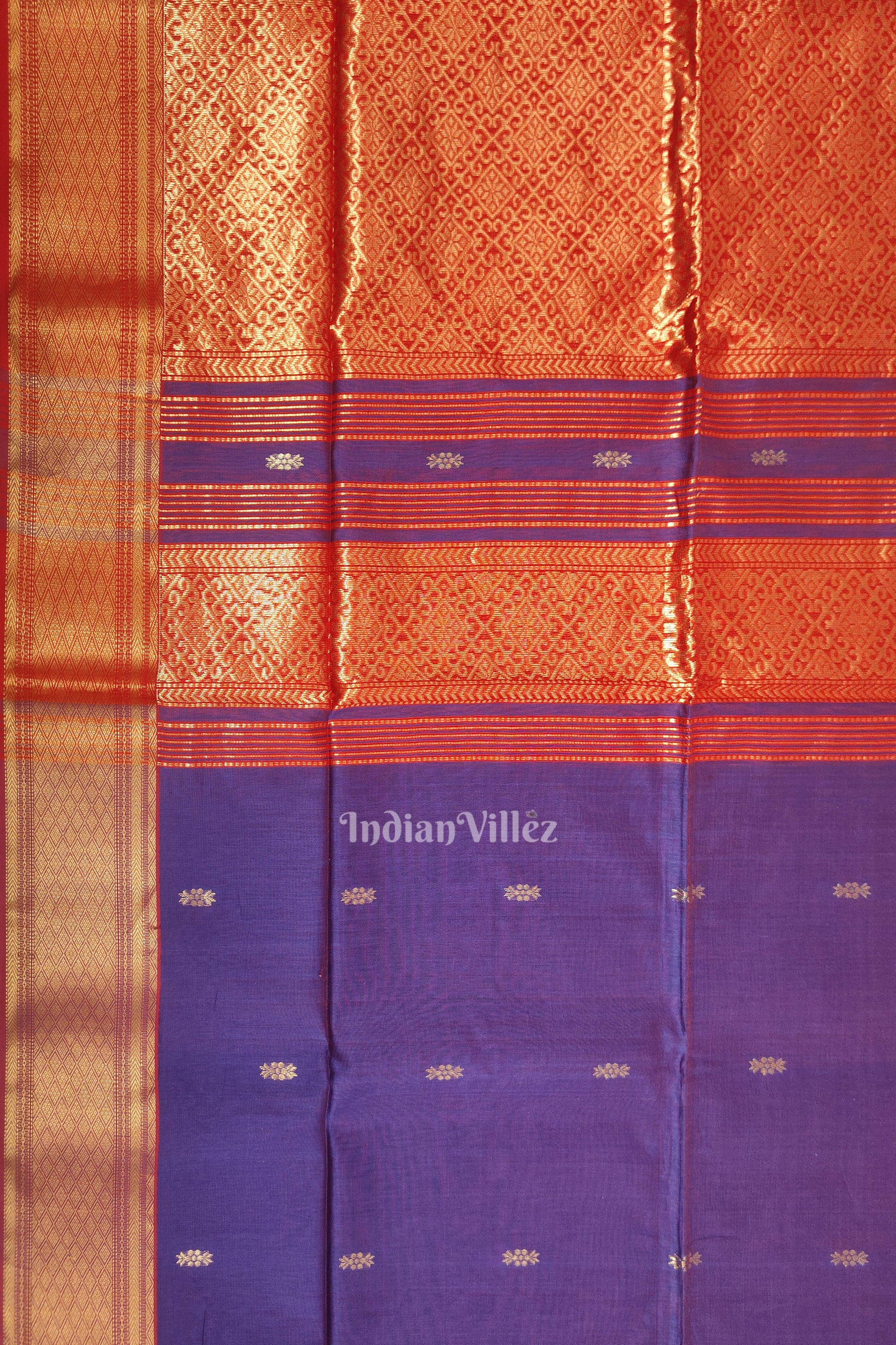 Blue Red Butta Design Pure Silk Cotton Maheshwari Saree with Zari Border
