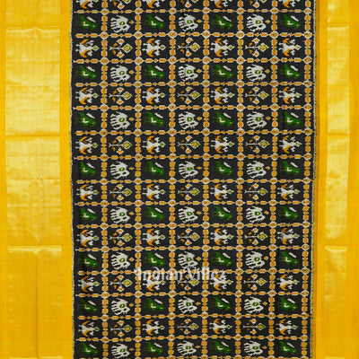 Black Yellow Nature Wildlife Design Pochampally Ikat Silk Saree