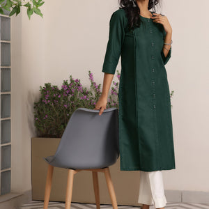 Green Solid Silk Straight Kurta