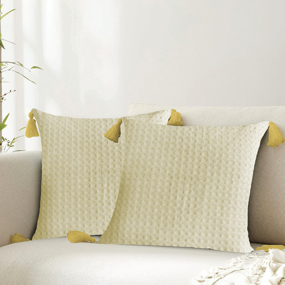 Waffle Cotton Cushion Cover, for Sofa, Bedroom, Living Room - Set of 2 - Waffle Beige