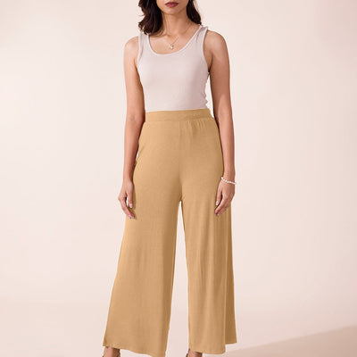 Women Solid Wheat Viscose Mid Rise Knit Palazzos