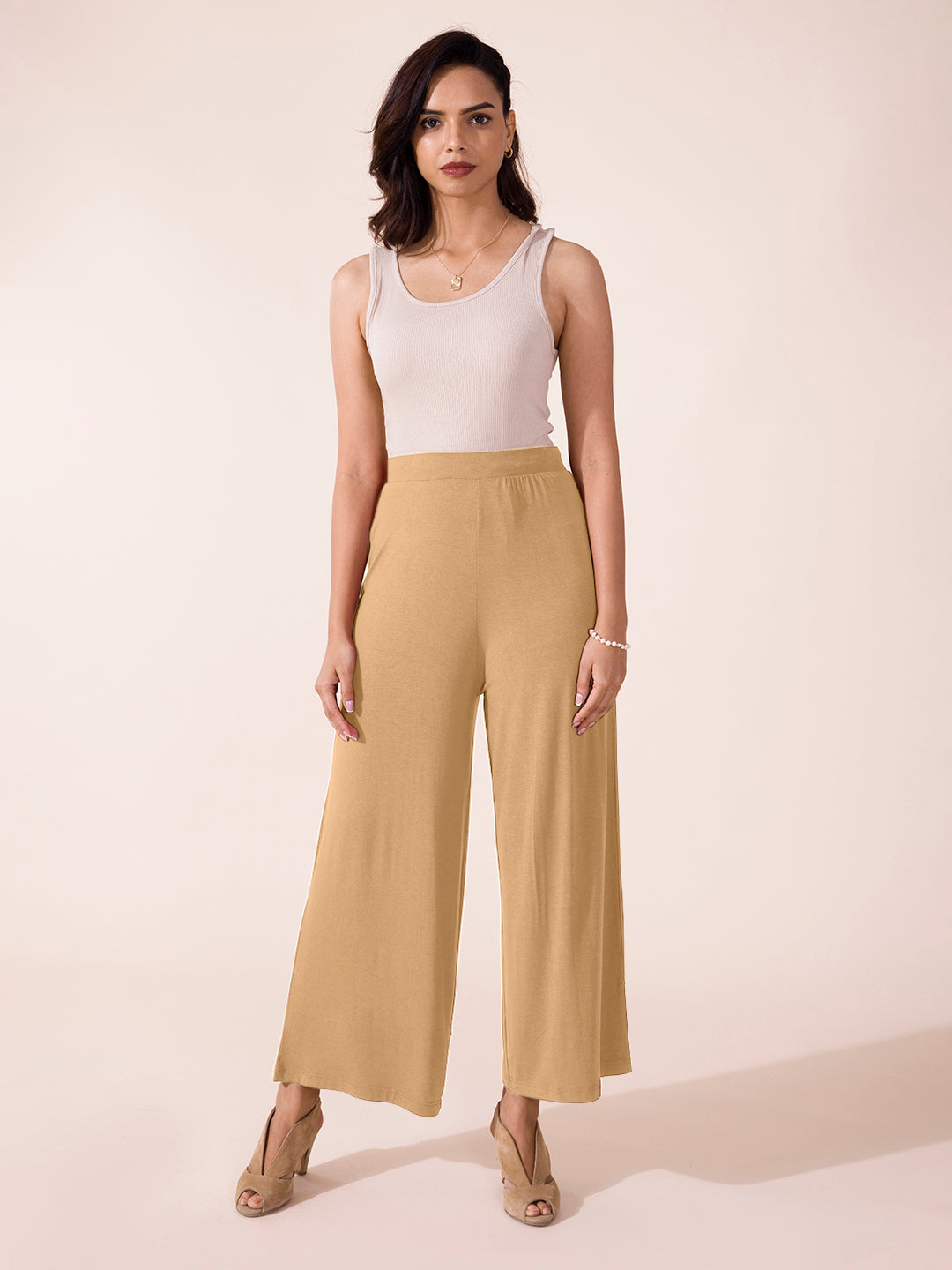 Women Solid Wheat Viscose Mid Rise Knit Palazzos