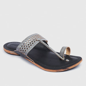 Black & Grey Handstitched Leather Kolhapuri Men Slipper