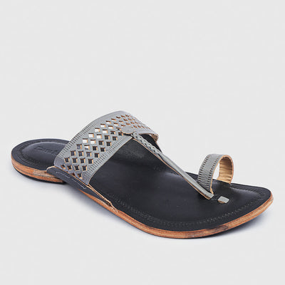 Black & Grey Handstitched Leather Kolhapuri Men Slipper