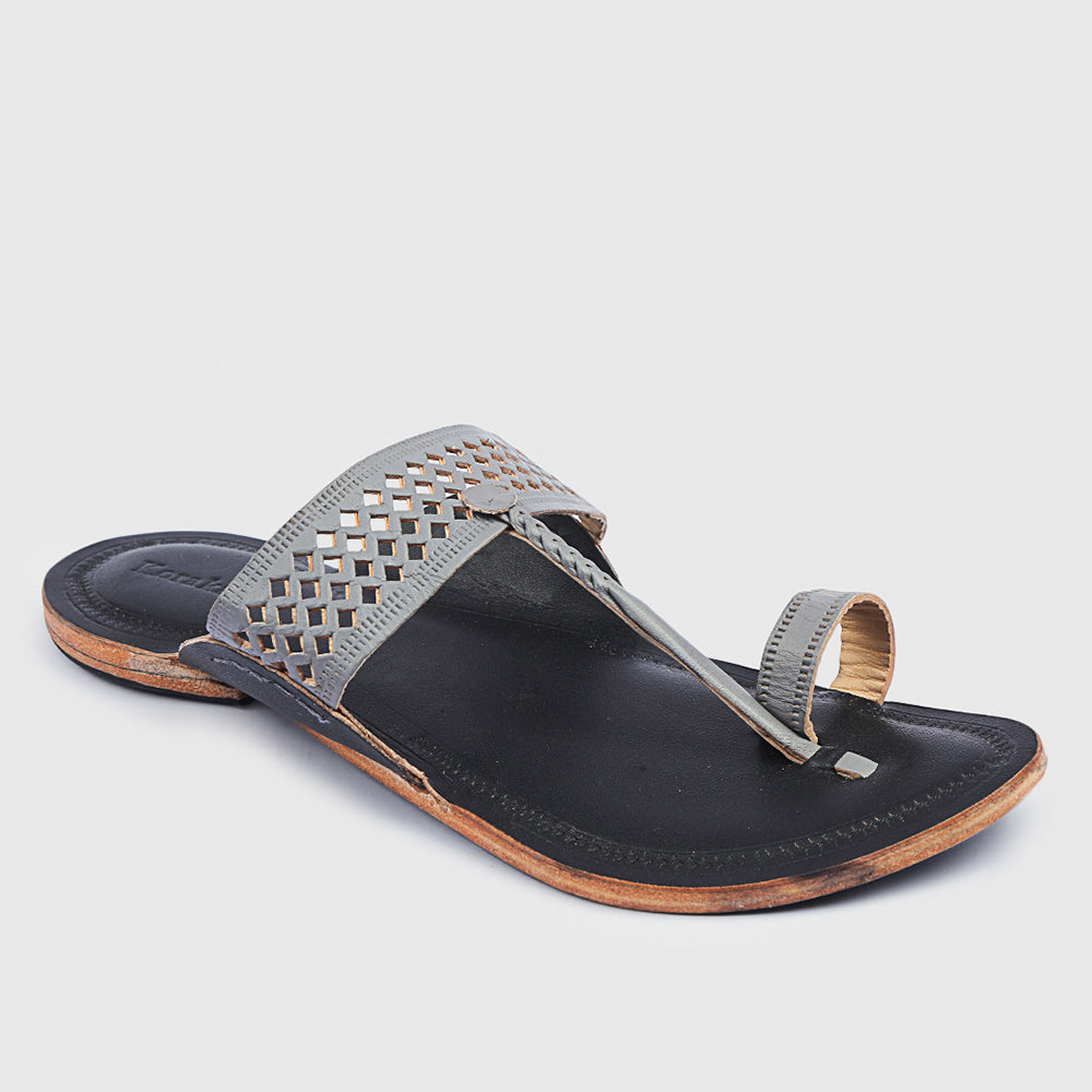 Black & Grey Handstitched Leather Kolhapuri Men Slipper