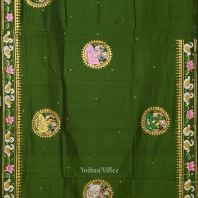 Mehendi Green Shree Jagannath Ratha Yatra Hand-Painted Pattachitra Saree