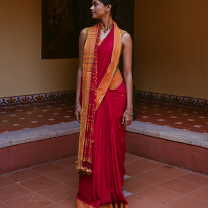 Red Handloom Bhujodi Cotton Saree With Bhujodi/kutch style buttis