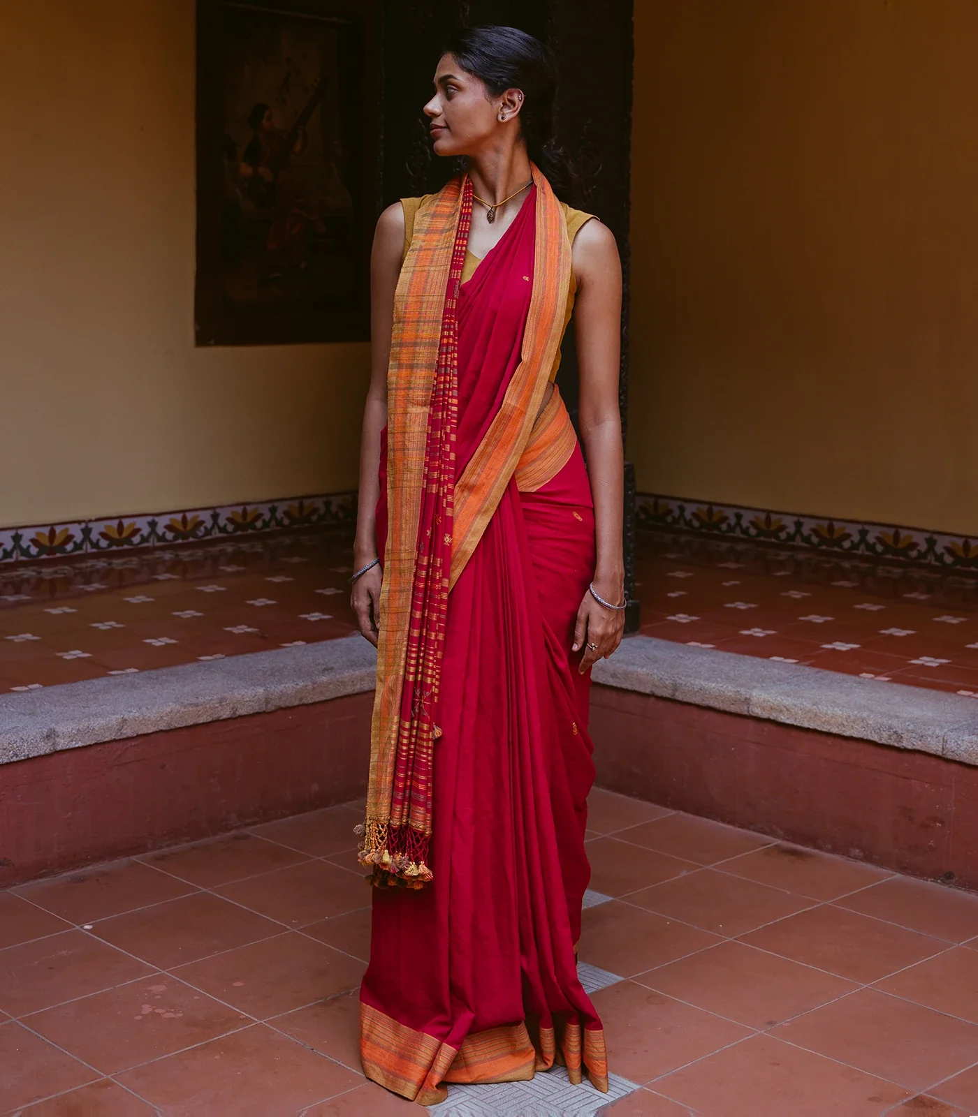 Red Handloom Bhujodi Cotton Saree With Bhujodi/kutch style buttis
