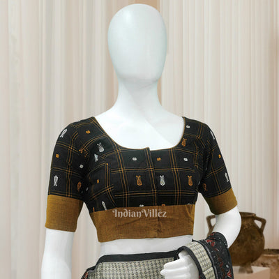 Black Mustard Yellow Fish Motif Bomkai Cotton Blouse