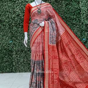 Peach Black Peacock Sambalpuri Ikat Silk Pastel Saree