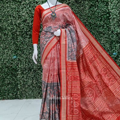 Peach Black Peacock Sambalpuri Ikat Silk Pastel Saree